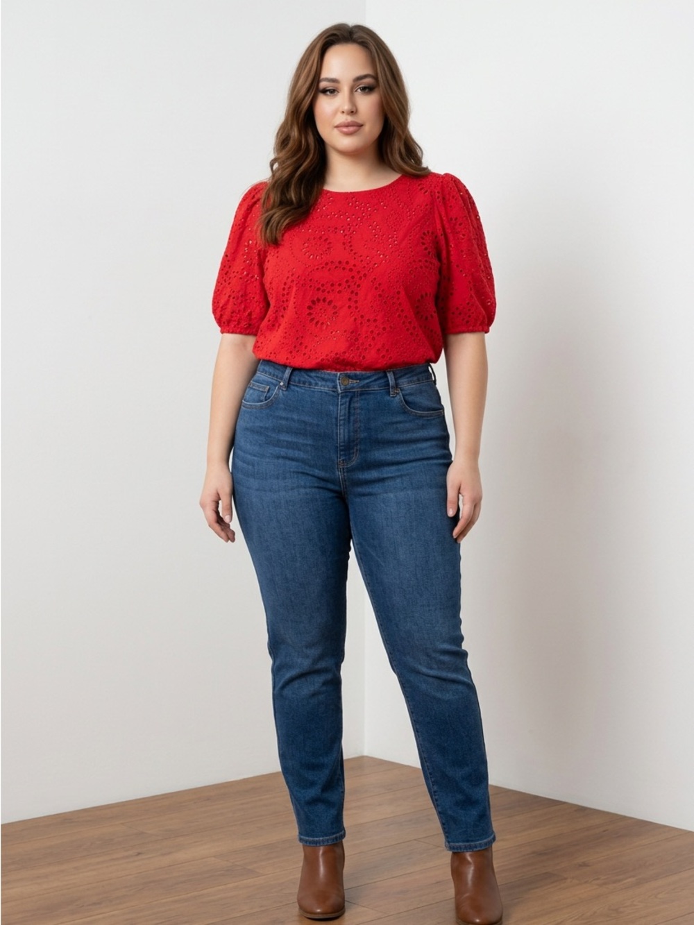 Women's Red Eyelet Lace Puff-Sleeve Blouse